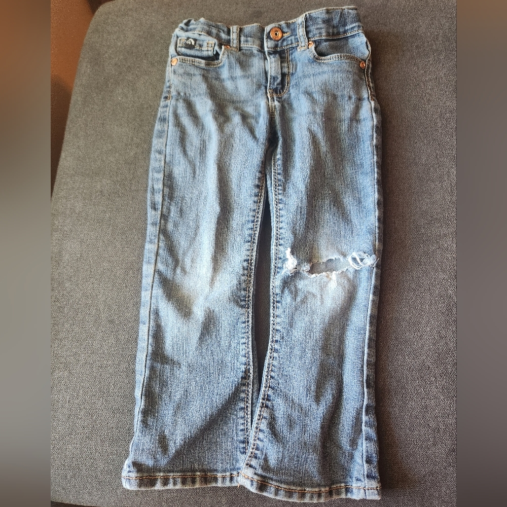 Jordache bootcut girls 4T jeans pink swirl on back pocket hole in knee